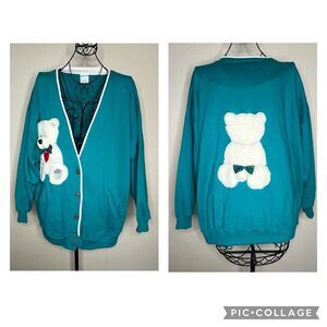 Vintage Cheetah Mervyns Teal Green 3D Polar Bear Button Up Cardigan